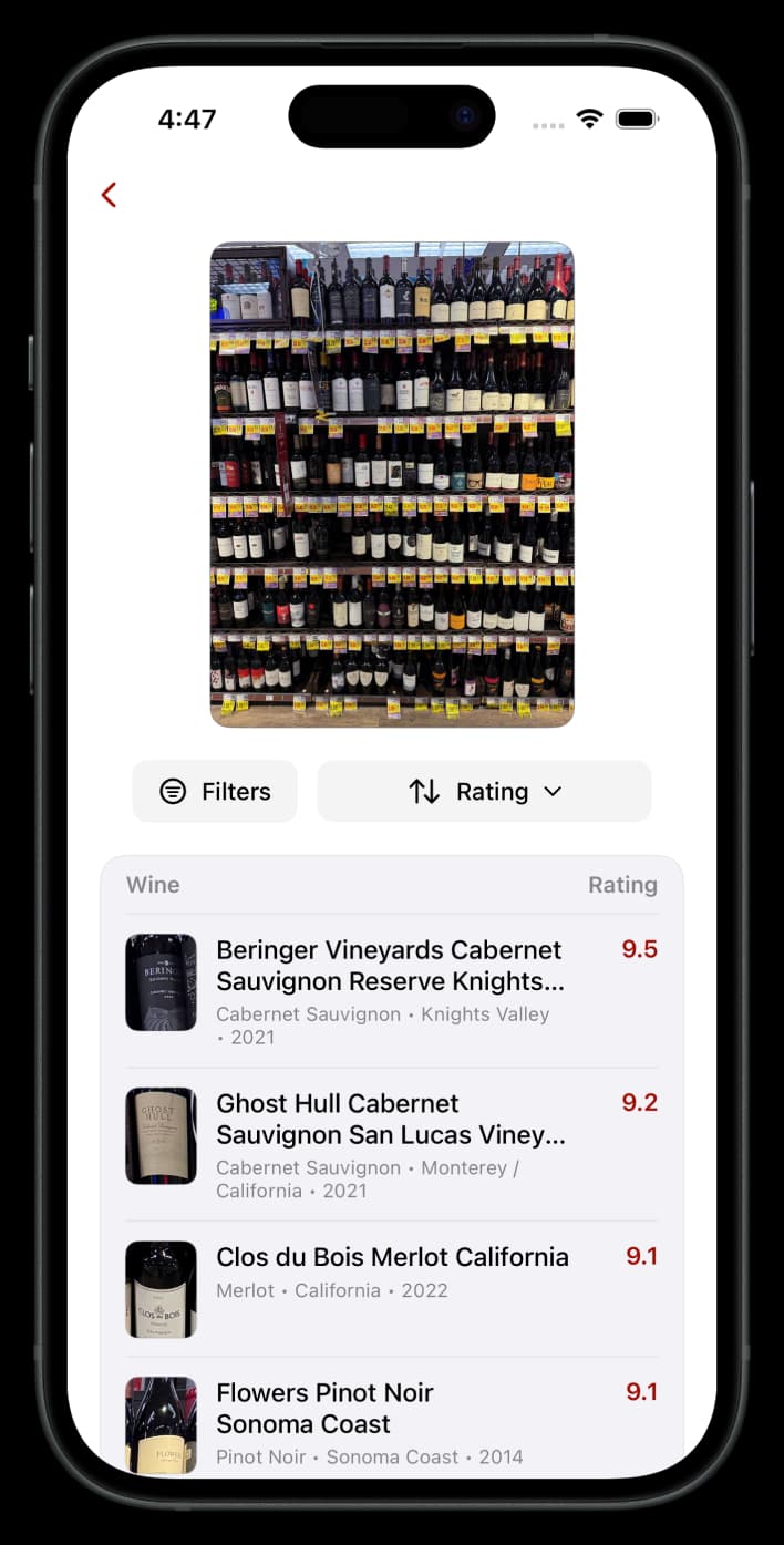 Wine ratings list with scores, vintages and regions