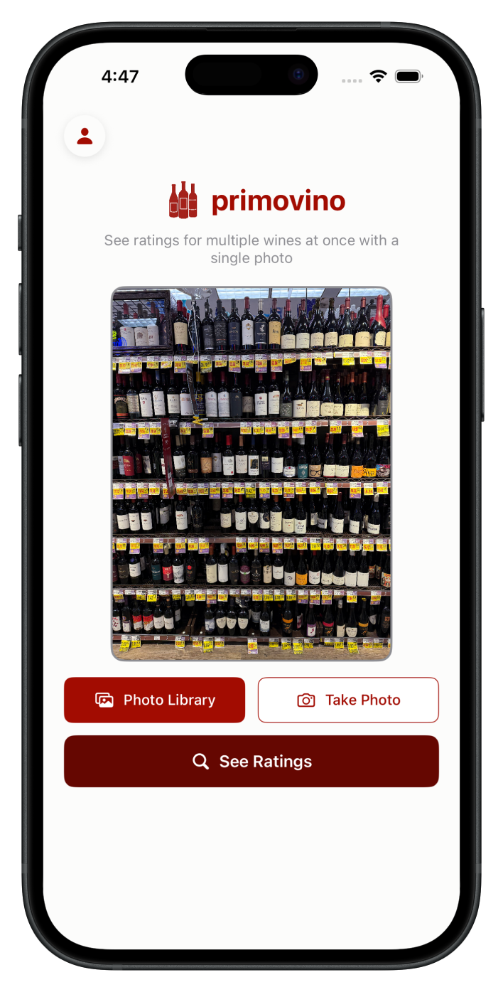 Primovino App Interface showing shelf scan